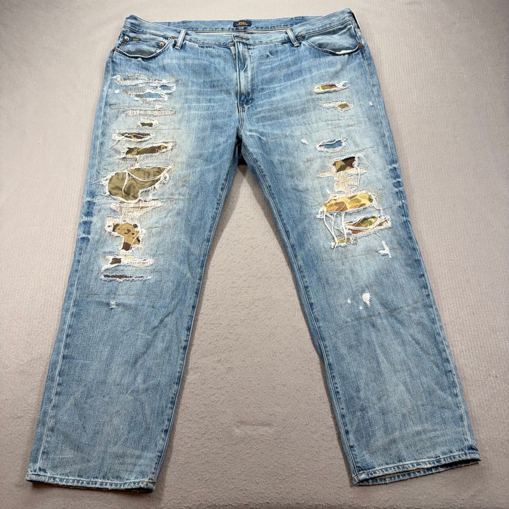 Polo Ralph Lauren Jeans Mens 44x30 Blue Distressed Camo Patch Hampton Relaxed
